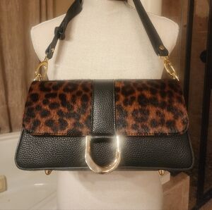 Leopard-Print Flap Black Leather Crossbody with Gold Accent